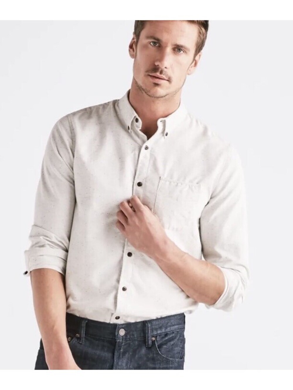 Lucky Brand Mens Bay Street 1 Pocket Long Sleeve Off White Cotton Tencel Shirt L